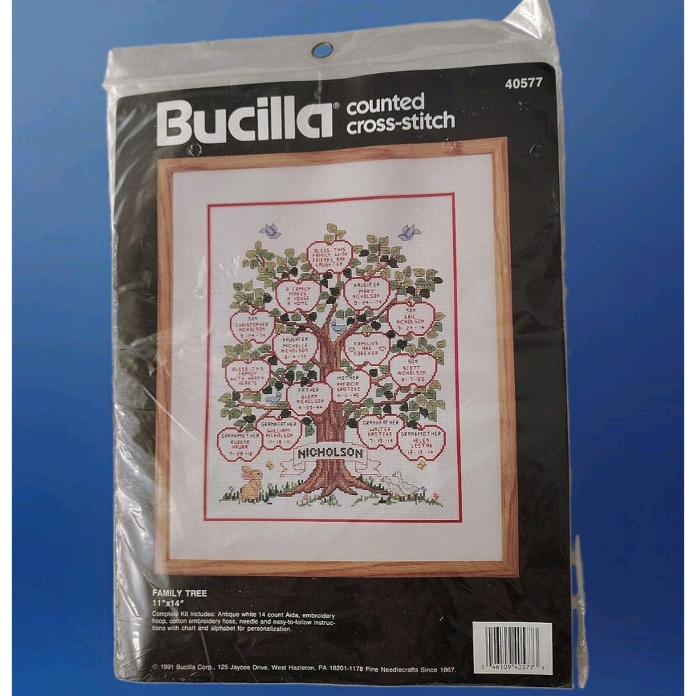 Vintage 1991 Bucilla Family Tree Counted Cross Stitch Kit 40577 Needlepoint